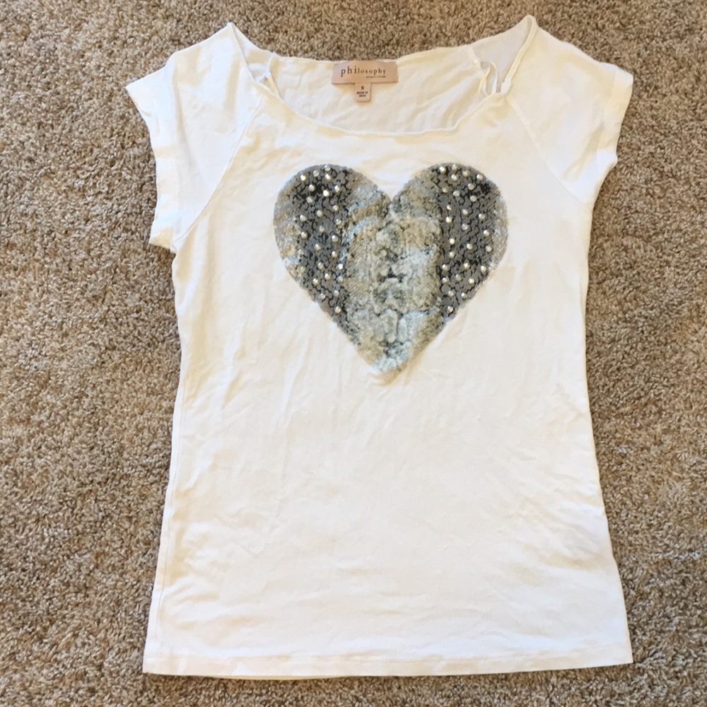 white t-shirt with grey sparkle heart